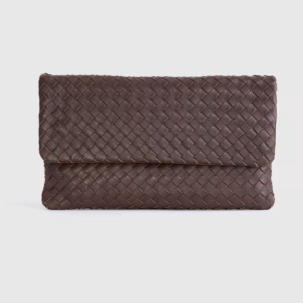 Italian Leather Handwoven Convertible Clutch, Dark Brown color